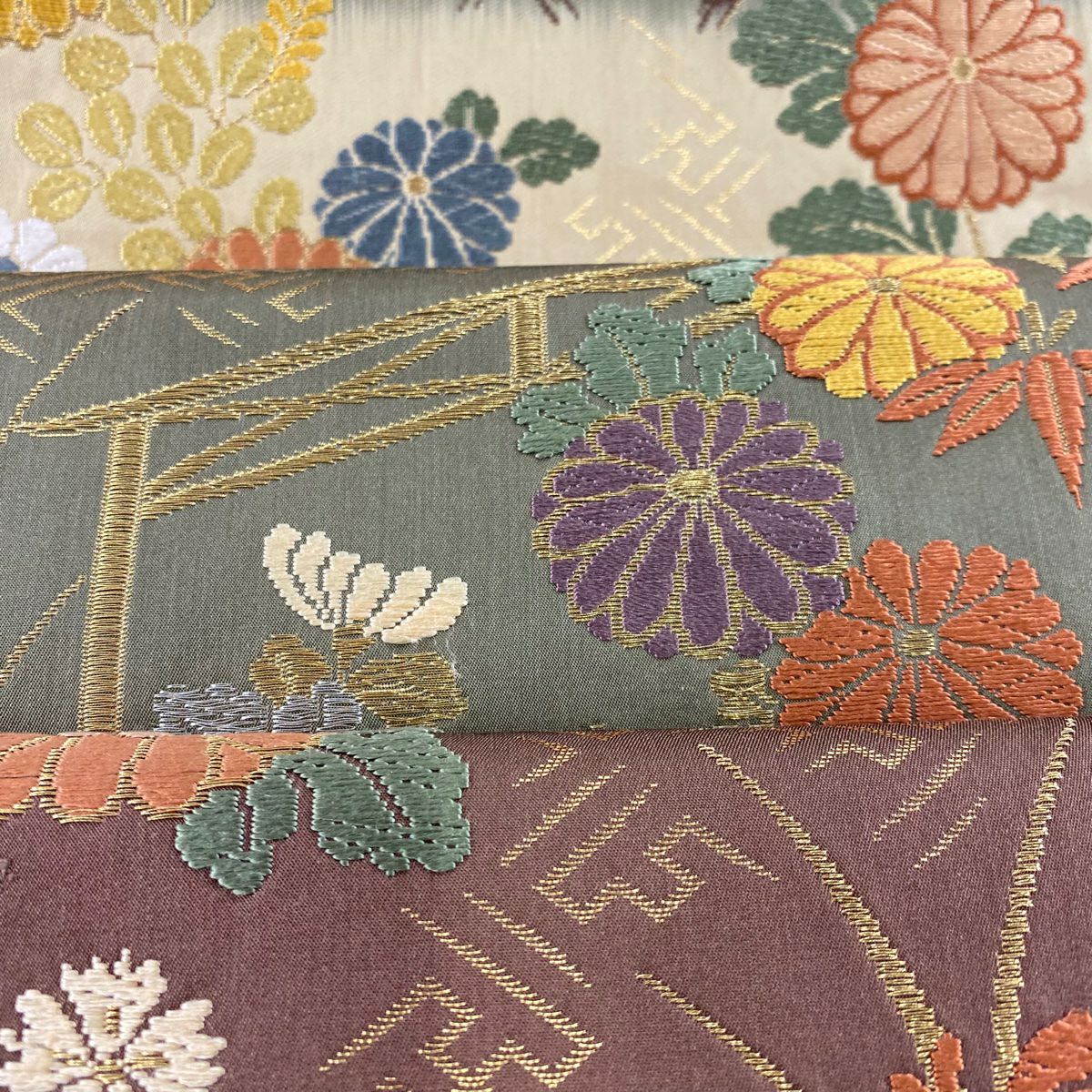 【美品】 袋帶 秀品級 菊花 光悅垣 金銀線 金金箔 淺茶 六通 純蠶絲