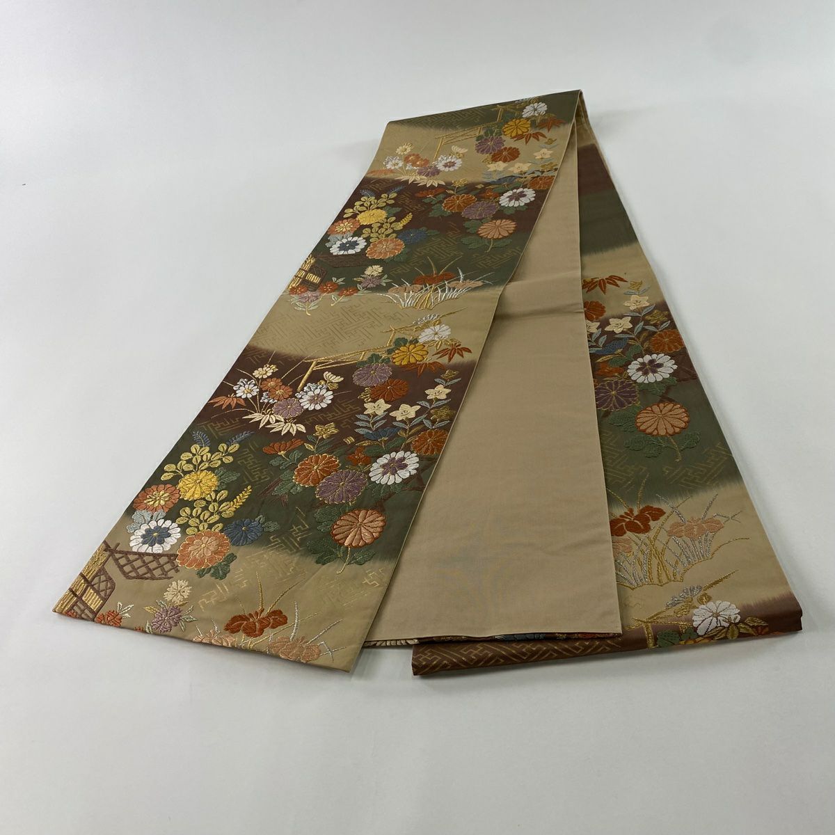 【美品】 袋帶 秀品級 菊花 光悅垣 金銀線 金金箔 淺茶 六通 純蠶絲