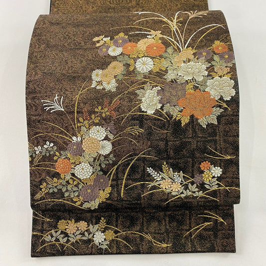袋帶 秀品級 草花紋紋 松樹葉 金銀彩 金金箔 黑色 お太鼓柄 純蠶絲