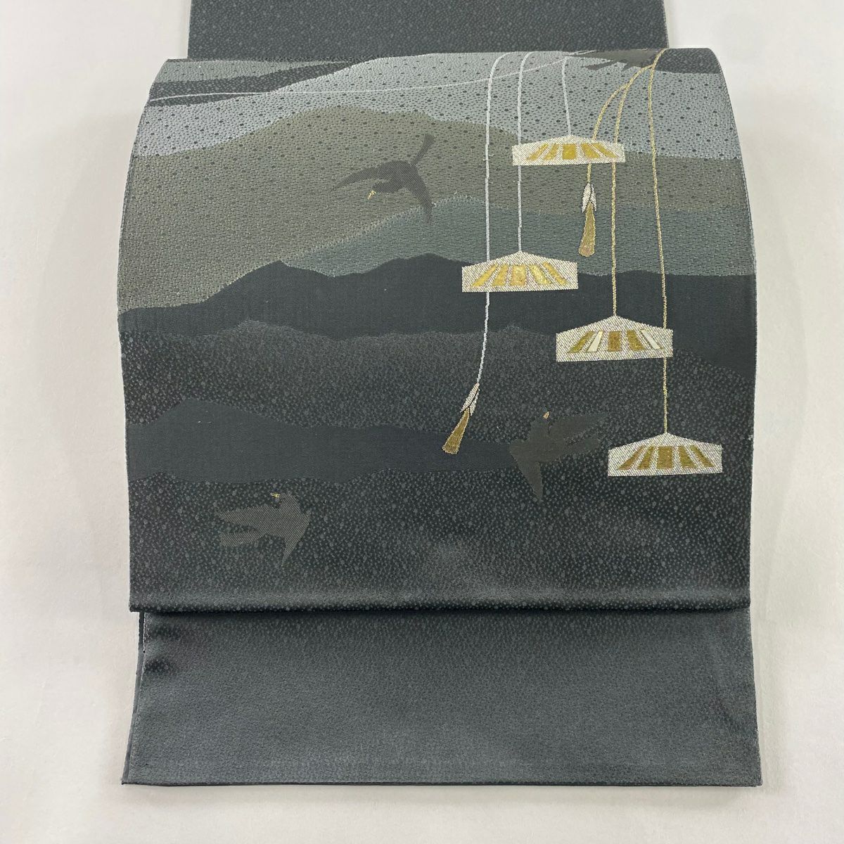 袋帶 秀品級 鳥 山 金金箔 銀絲 灰 純蠶絲
