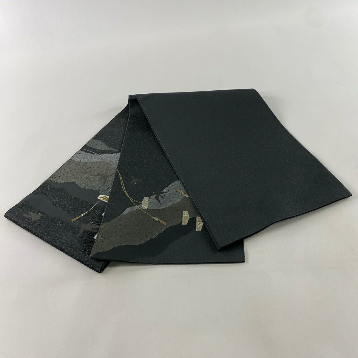袋帶 秀品級 鳥 山 金金箔 銀絲 灰 純蠶絲