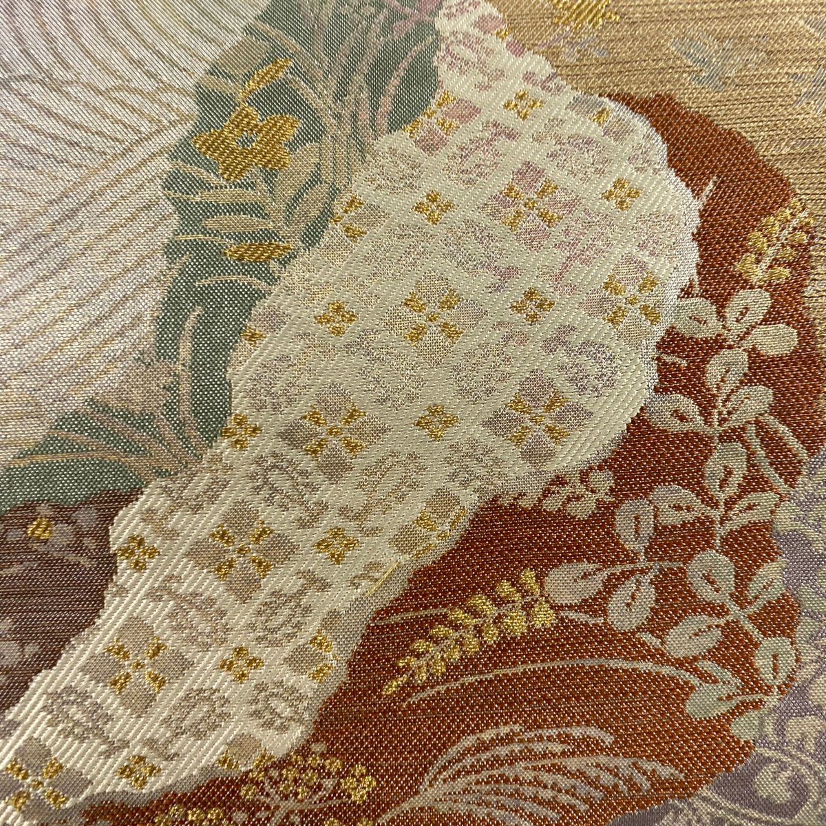 【美品】 袋帶 秀品級 道長取 草花紋 金絲 金金箔 淺茶 六通 純蠶絲