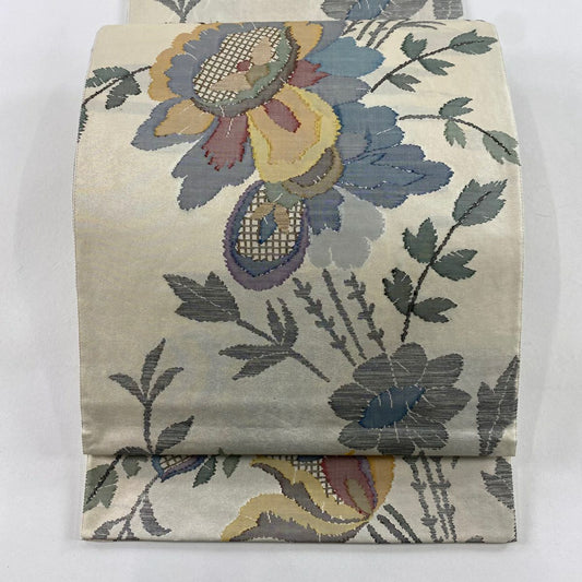 袋帶 秀品級 草花紋紋 金金箔 奶油色 六通 純蠶絲