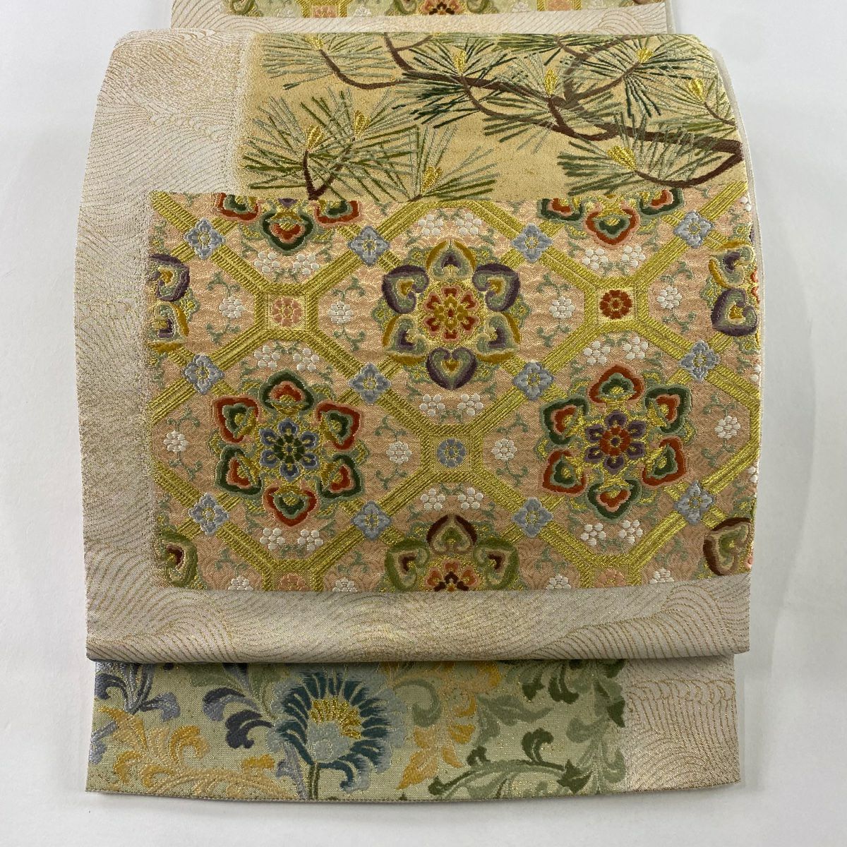 袋帶 秀品級 蜀江華紋 松樹 金絲 刺繡 米色 六通 純蠶絲