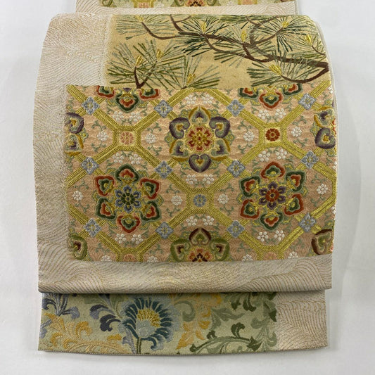 袋帶 秀品級 蜀江華紋 松樹 金絲 刺繡 米色 六通 純蠶絲