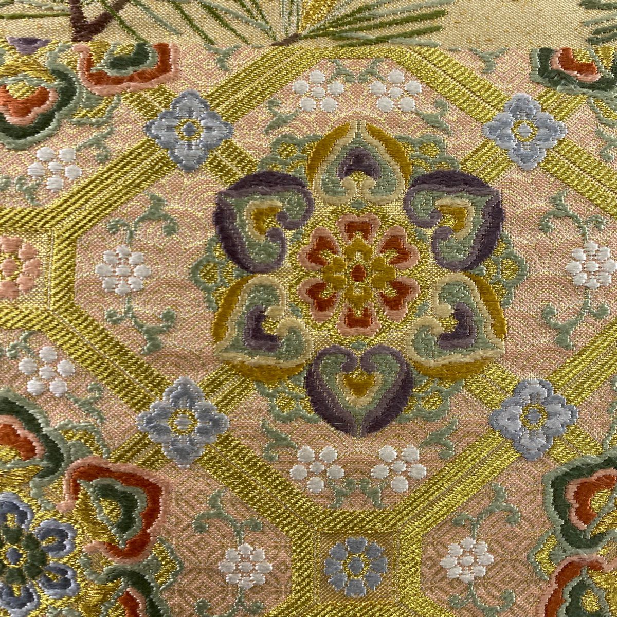袋帶 秀品級 蜀江華紋 松樹 金絲 刺繡 米色 六通 純蠶絲
