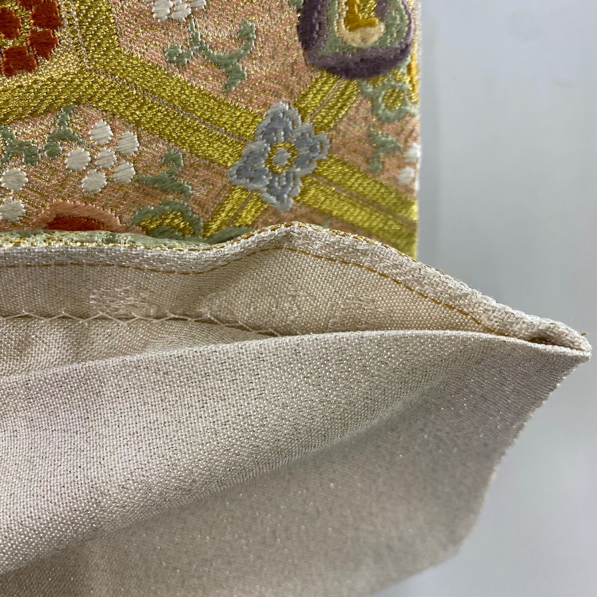 袋帶 秀品級 蜀江華紋 松樹 金絲 刺繡 米色 六通 純蠶絲