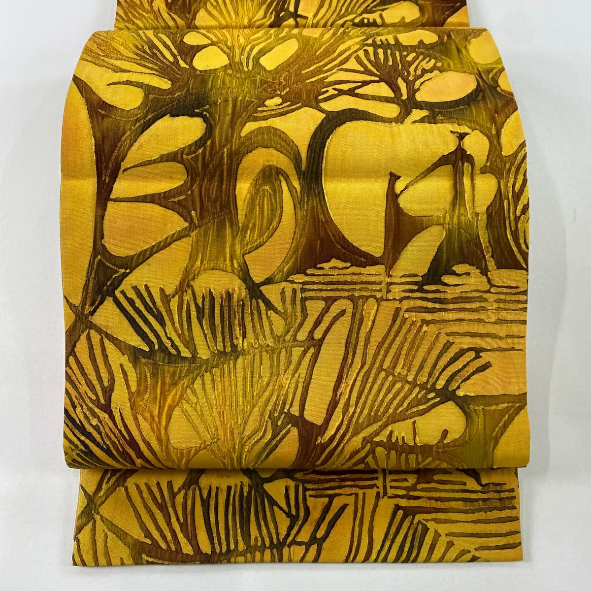 【美品】 袋帶 秀品級 樹木 山吹 深藍 六通 純蠶絲