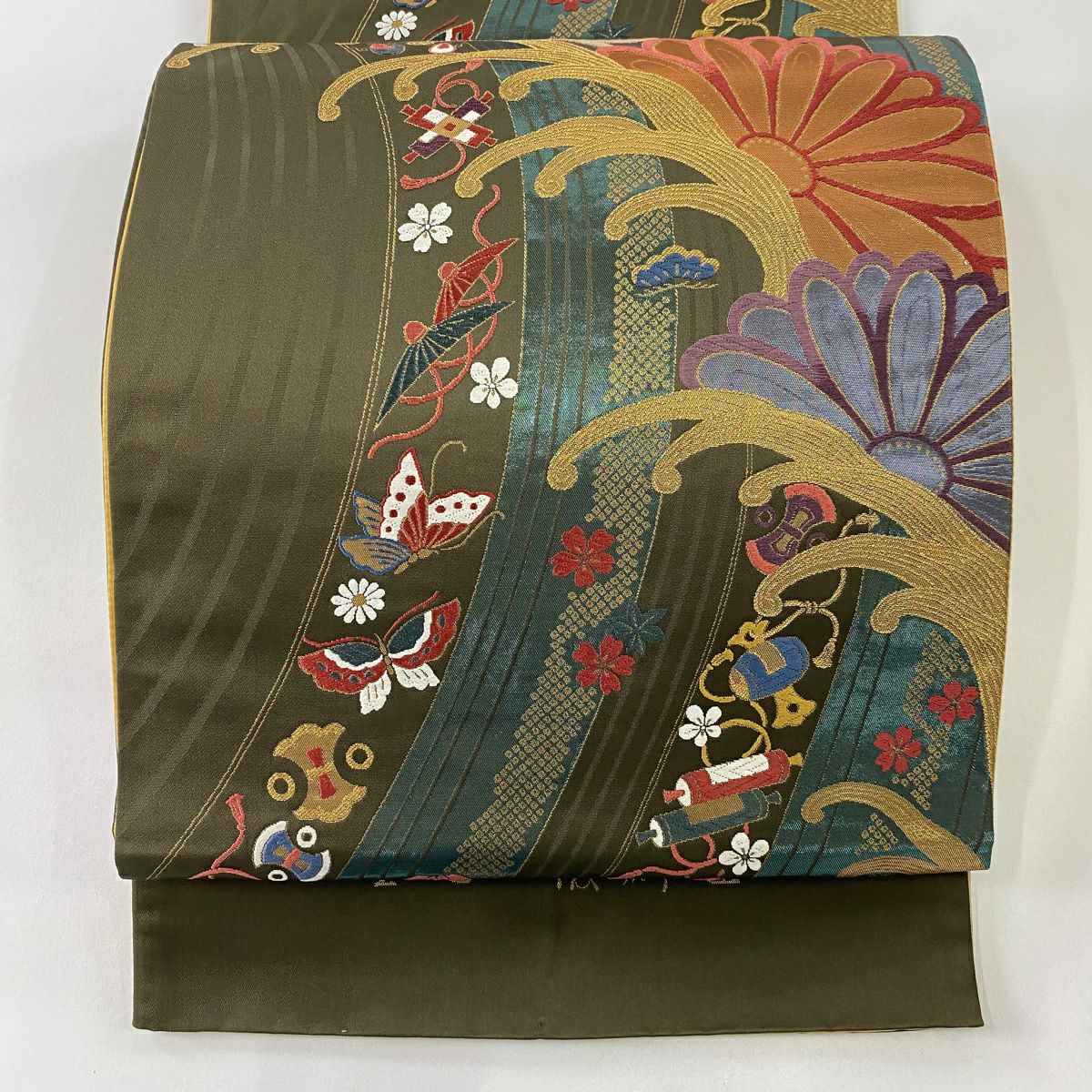 【美品】 袋帶 秀品級 寶盡くし 波頭 金絲 金金箔 茶 全通 純蠶絲
