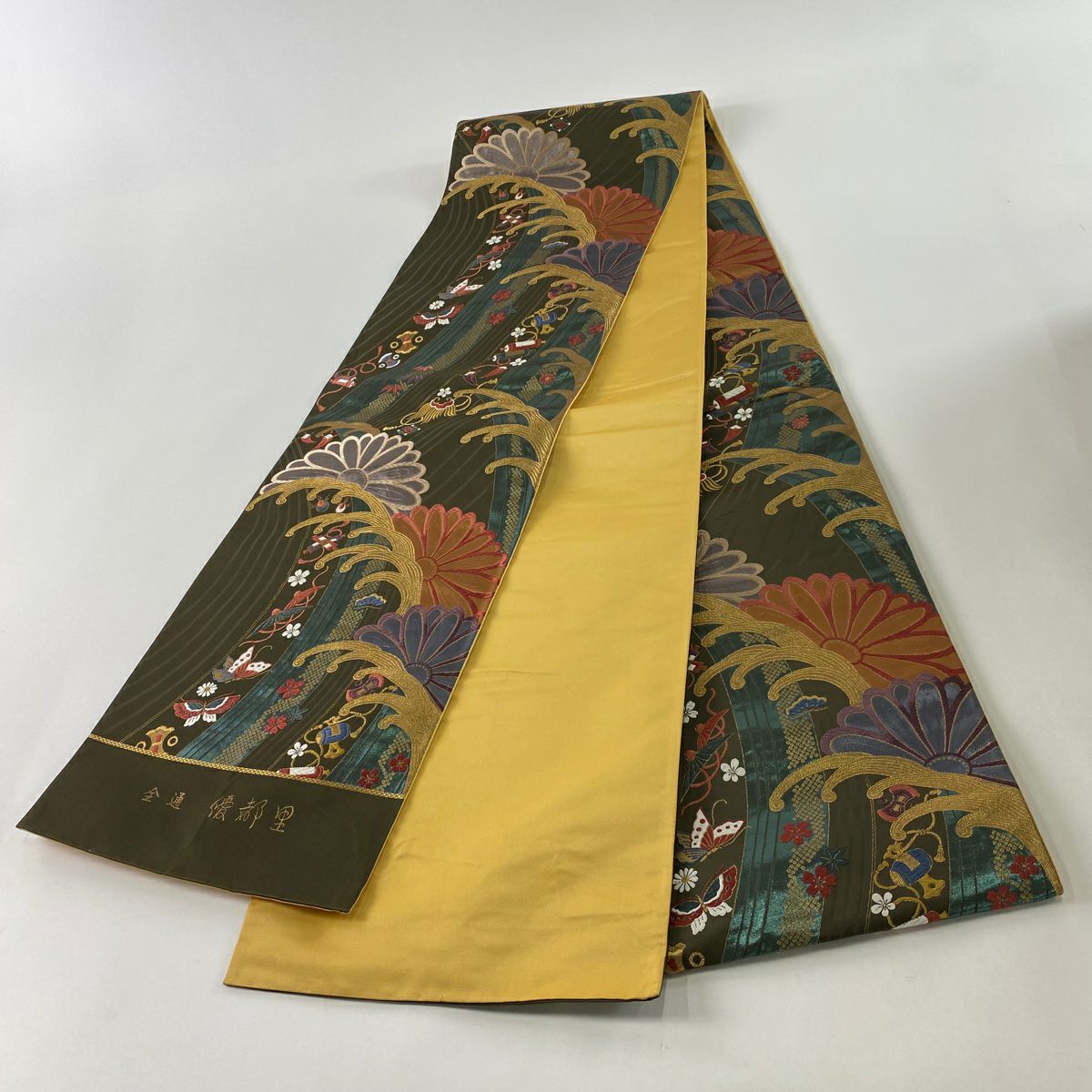 【美品】 袋帶 秀品級 寶盡くし 波頭 金絲 金金箔 茶 全通 純蠶絲