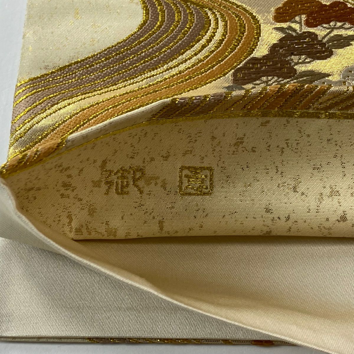 【美品】 袋帶 秀品級 流水草花紋紋 金絲 金金箔 金色 六通 純蠶絲