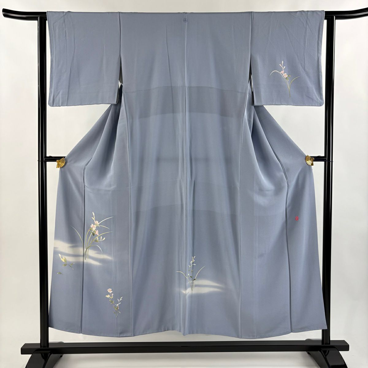 付下 身長150.5cm 袖長61.5cm S 雙層 落款あり 草花紋紋 霞 青灰 純蠶絲 秀品級 一つ紋