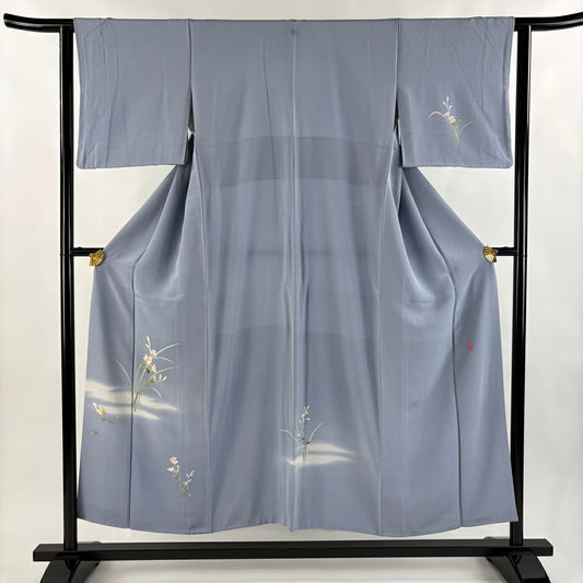 付下 身長150.5cm 袖長61.5cm S 雙層 落款あり 草花紋紋 霞 青灰 純蠶絲 秀品級 一つ紋