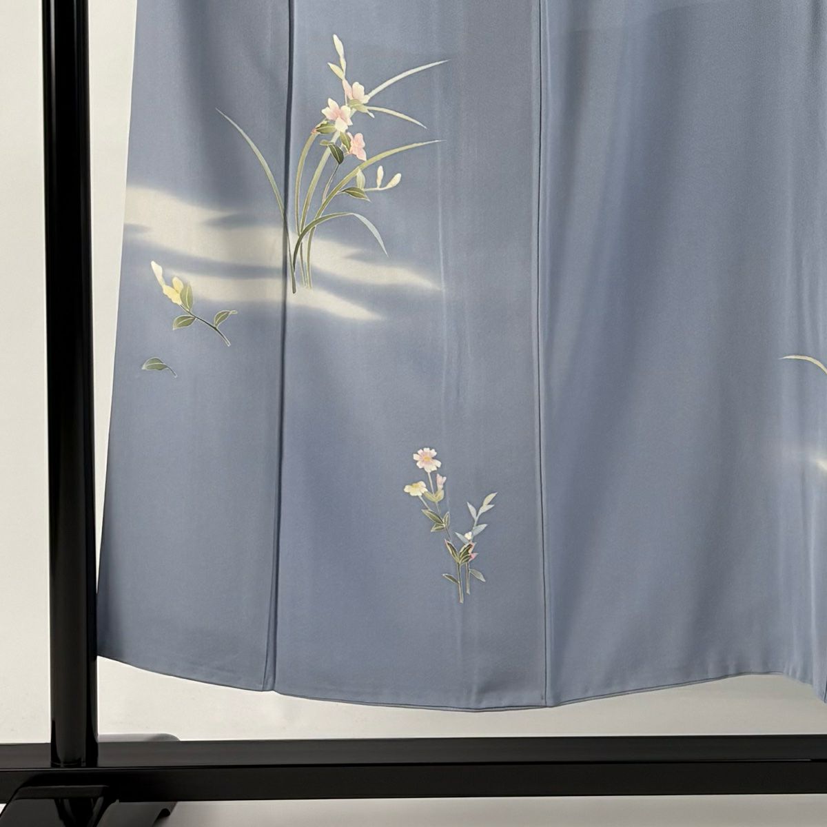 付下 身長150.5cm 袖長61.5cm S 雙層 落款あり 草花紋紋 霞 青灰 純蠶絲 秀品級 一つ紋