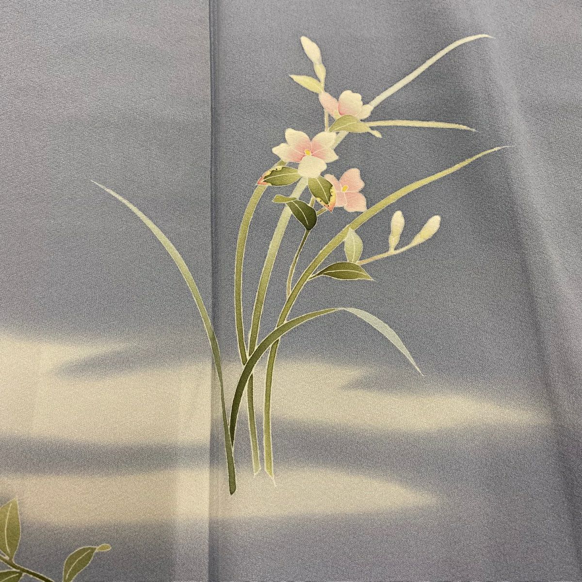 付下 身長150.5cm 袖長61.5cm S 雙層 落款あり 草花紋紋 霞 青灰 純蠶絲 秀品級 一つ紋