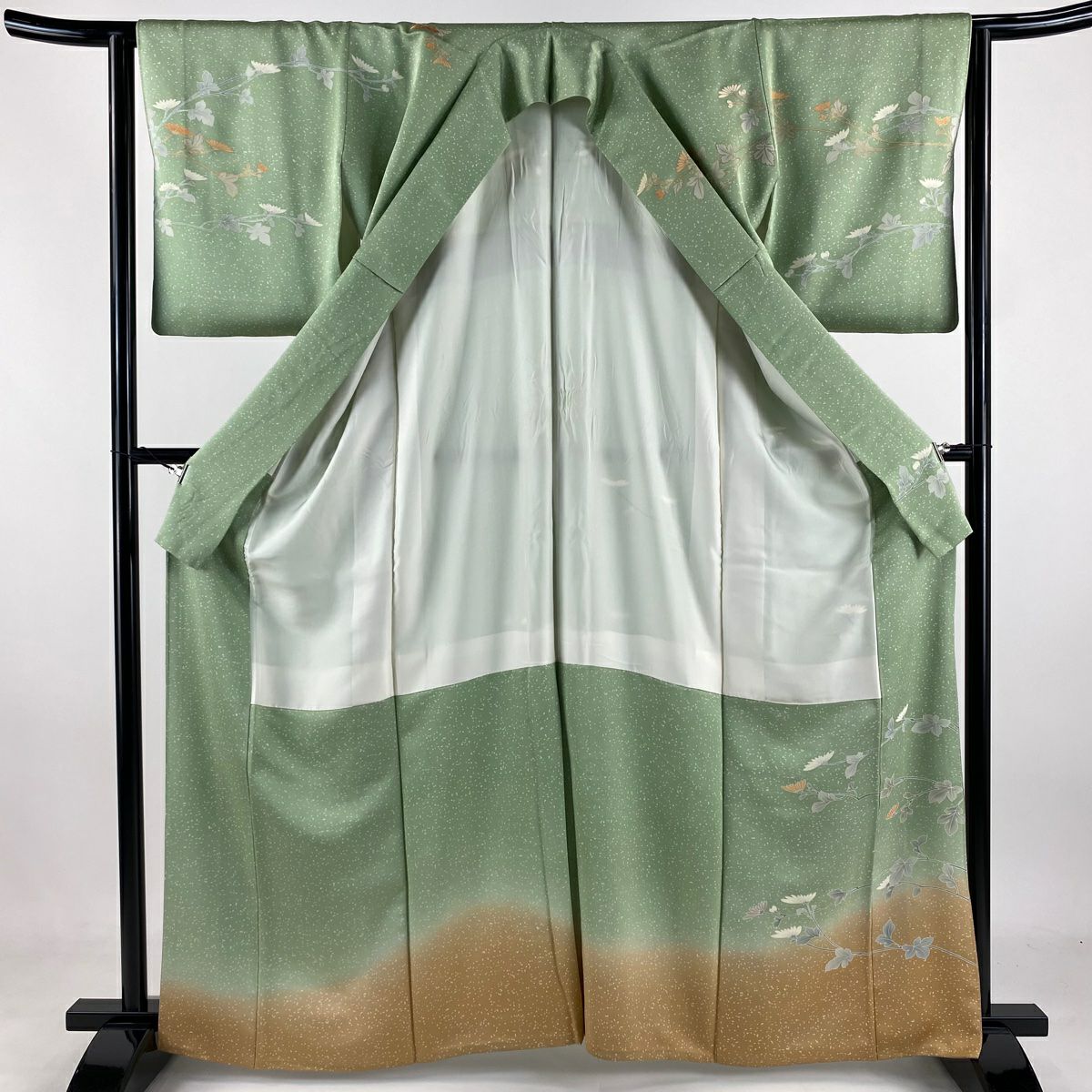 訪問服 身長163.5cm 袖長63.5cm S 雙層 菊花 刺繡 金彩裝飾 淺綠 純蠶絲 秀品級