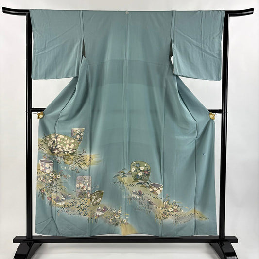 色留袖禮服 身長154.5cm 袖長63cm S 雙層 落款有 草花紋紋 器物紋 漸層 薄綠 純蠶絲 秀品級 一個紋
