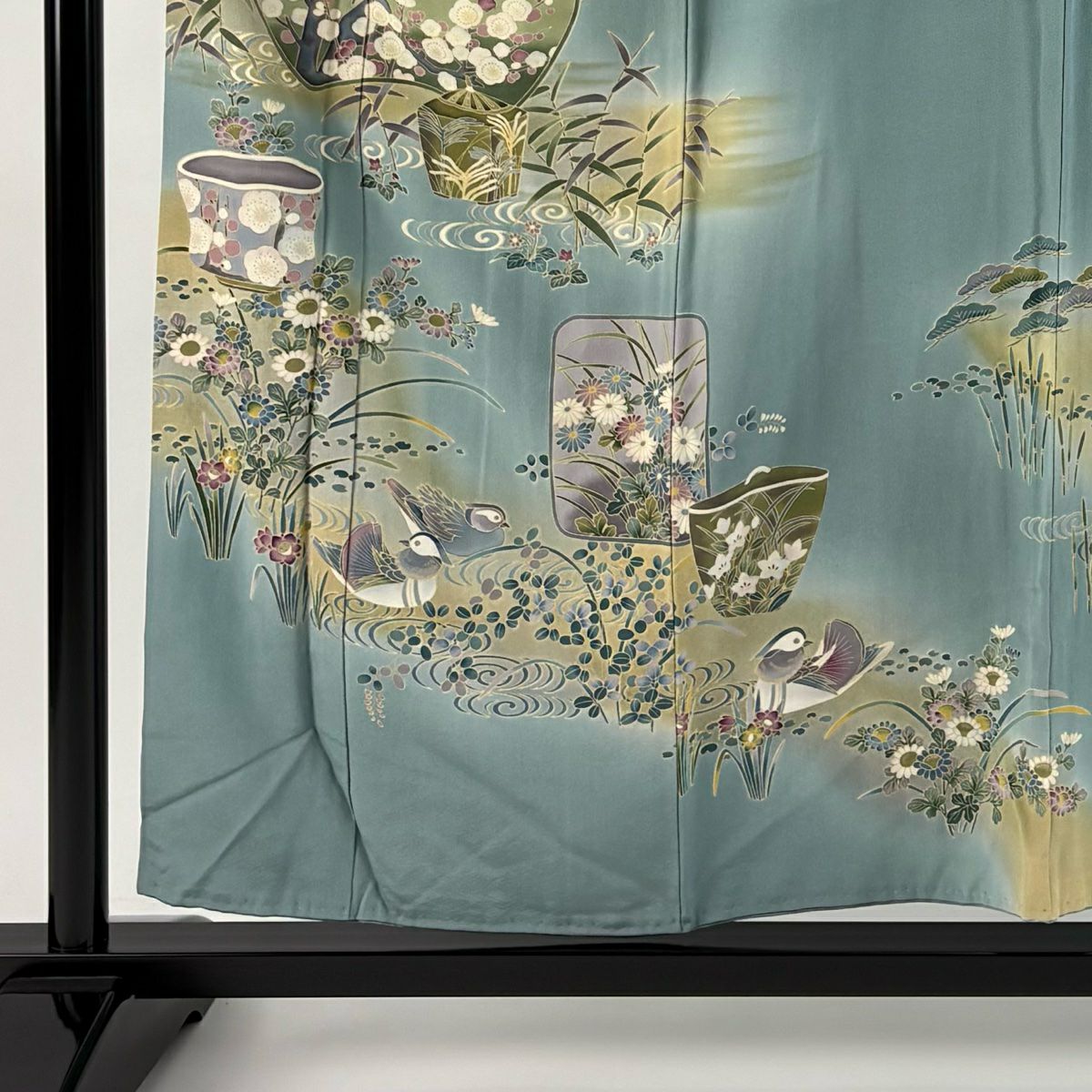 色留袖禮服 身長154.5cm 袖長63cm S 雙層 落款有 草花紋紋 器物紋 漸層 薄綠 純蠶絲 秀品級 一個紋