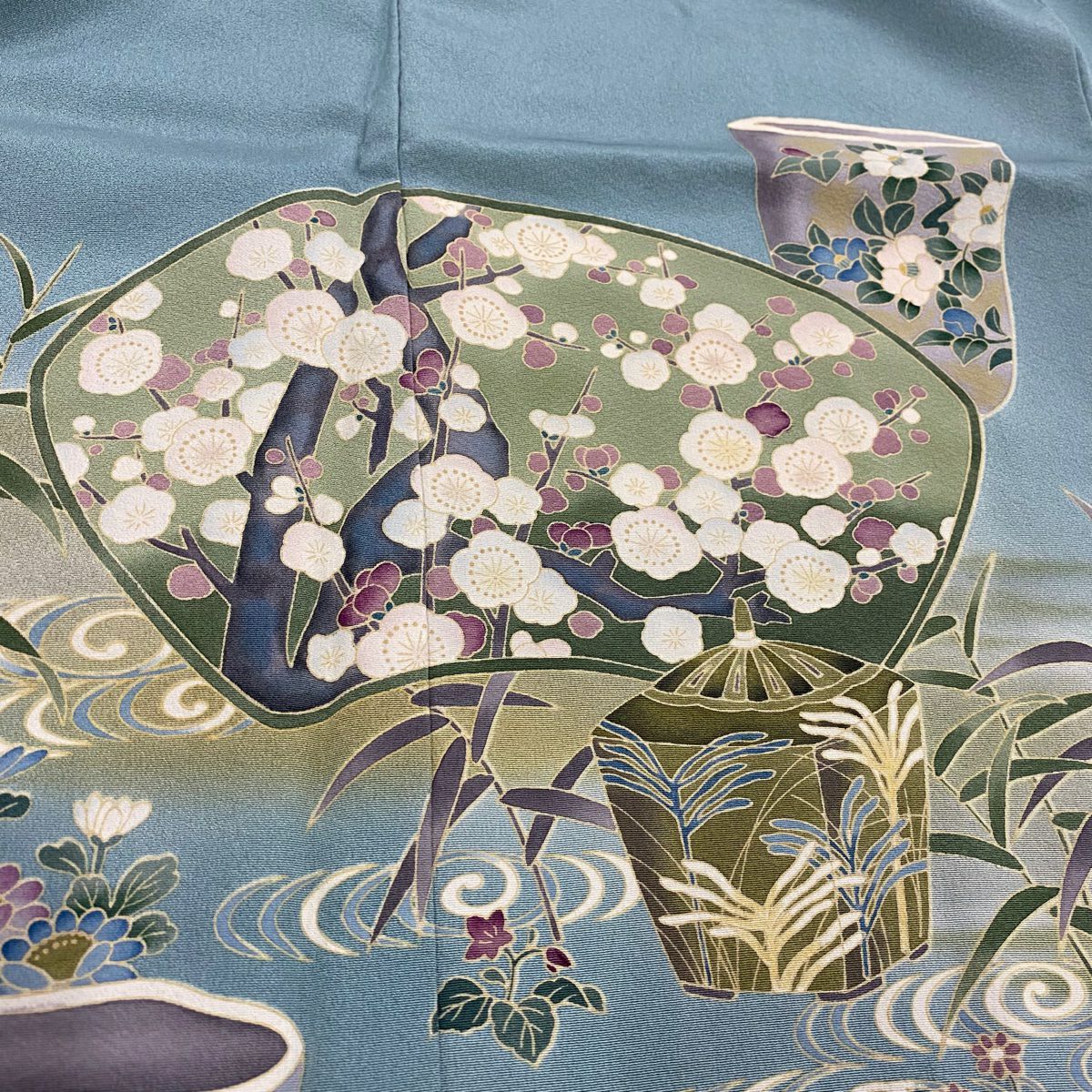 色留袖禮服 身長154.5cm 袖長63cm S 雙層 落款有 草花紋紋 器物紋 漸層 薄綠 純蠶絲 秀品級 一個紋