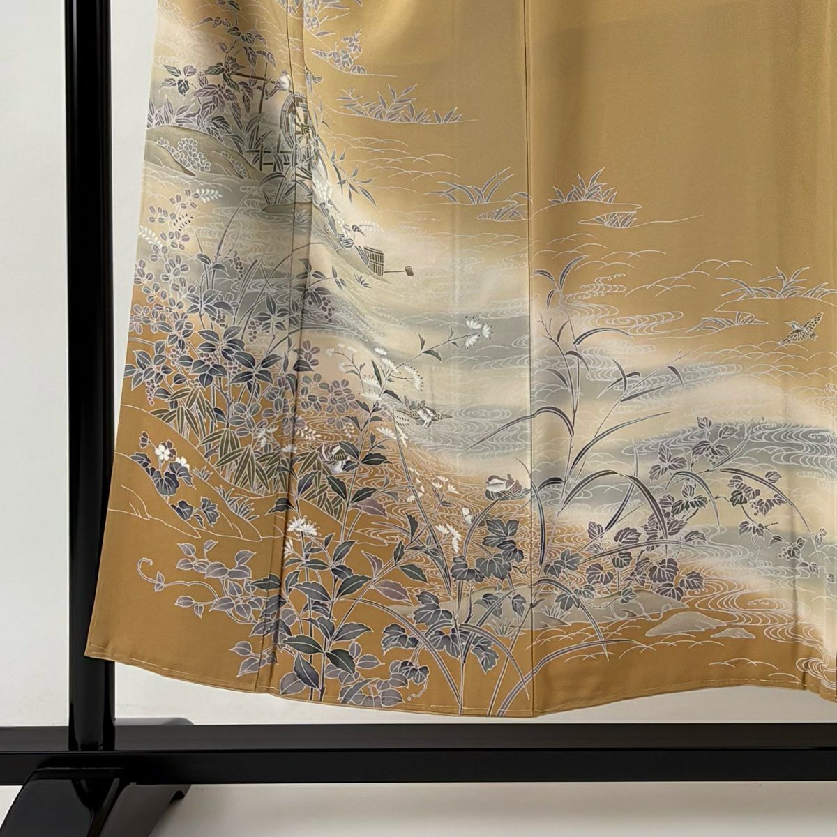 【美品】訪問服 身長152cm 袖長63.5cm S 雙層 水車 草花紋紋 金彩裝飾 漸層 黃土 純蠶絲 秀品級