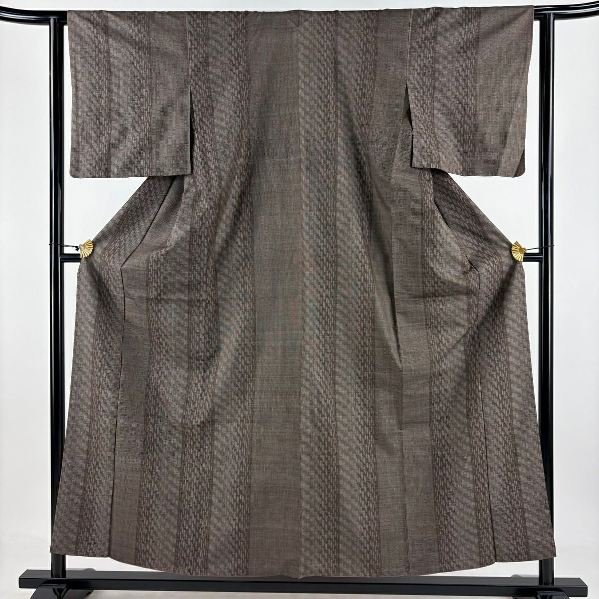 【美品】 紬織 身長157cm 袖長62cm S 雙層 垂直條紋 幾何圖案 茶 純蠶絲 優品級