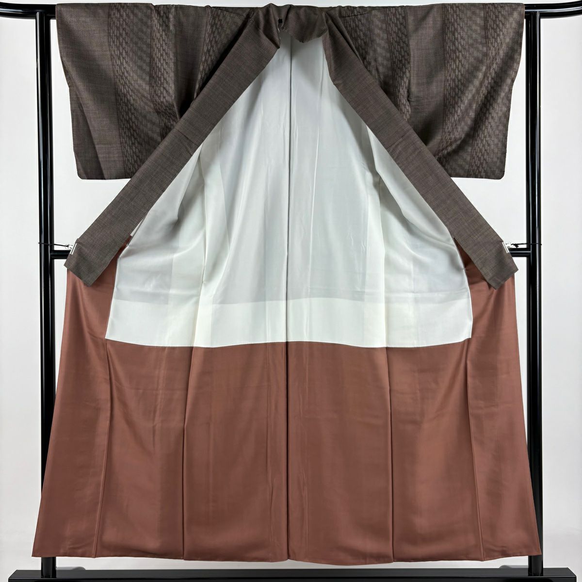 【美品】 紬織 身長157cm 袖長62cm S 雙層 垂直條紋 幾何圖案 茶 純蠶絲 優品級