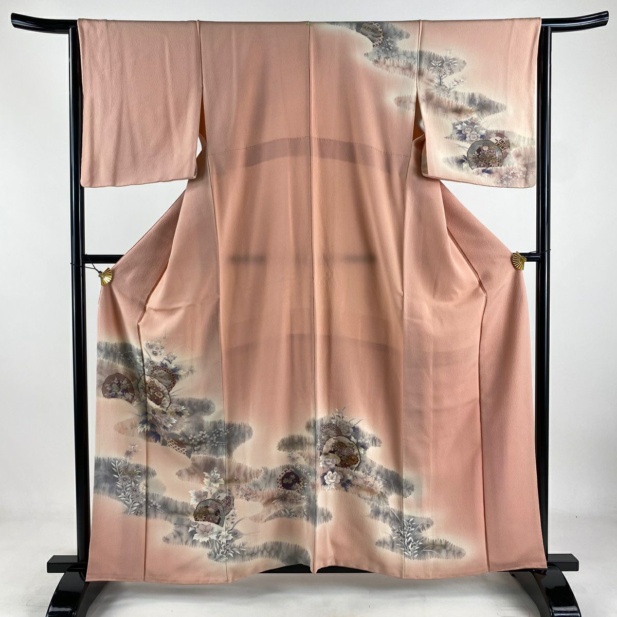 訪問服 身長159cm 袖長63.5cm S 雙層 鏡裏文 草花紋紋 鮭粉色 純蠶絲 秀品級 一つ紋