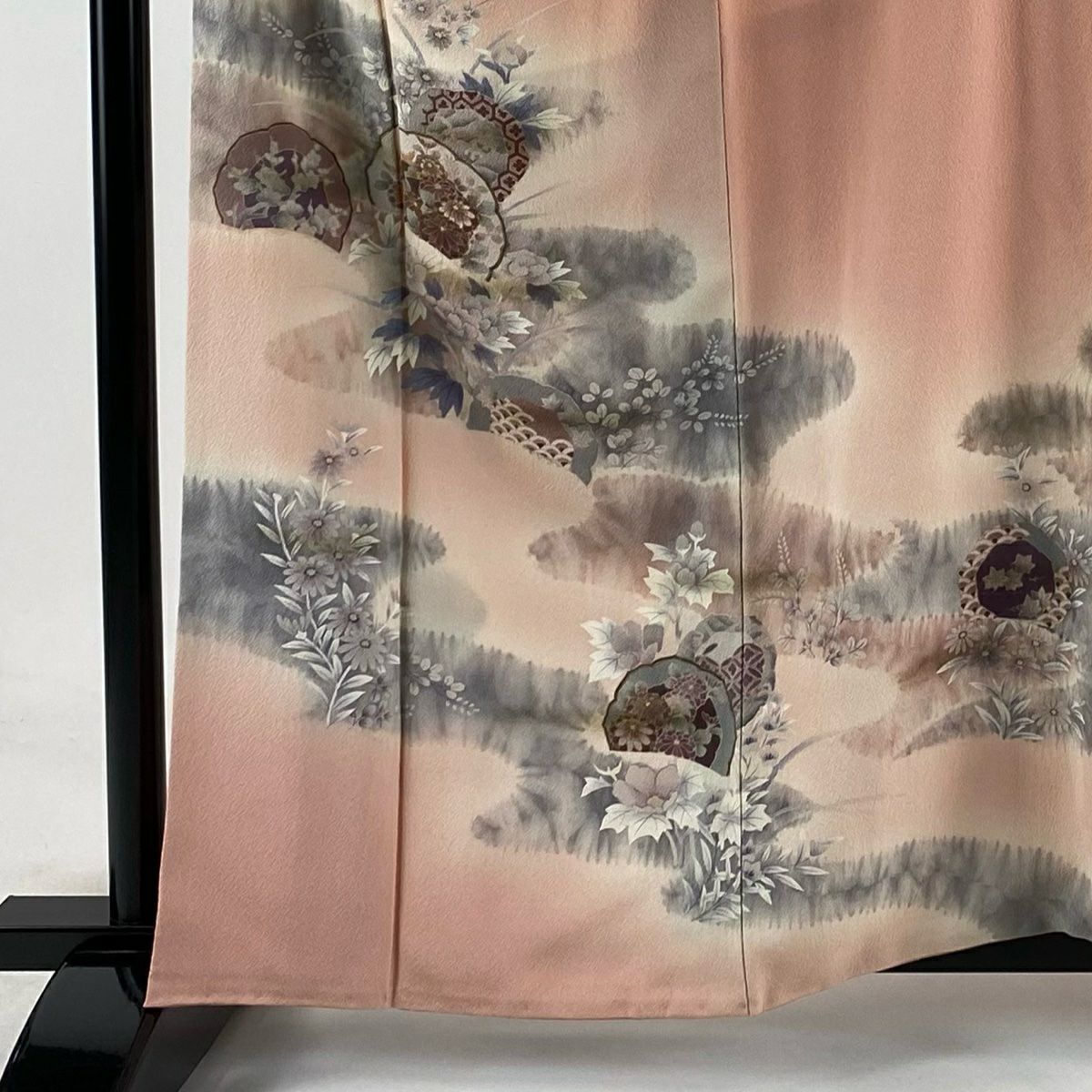 訪問服 身長159cm 袖長63.5cm S 雙層 鏡裏文 草花紋紋 鮭粉色 純蠶絲 秀品級 一つ紋