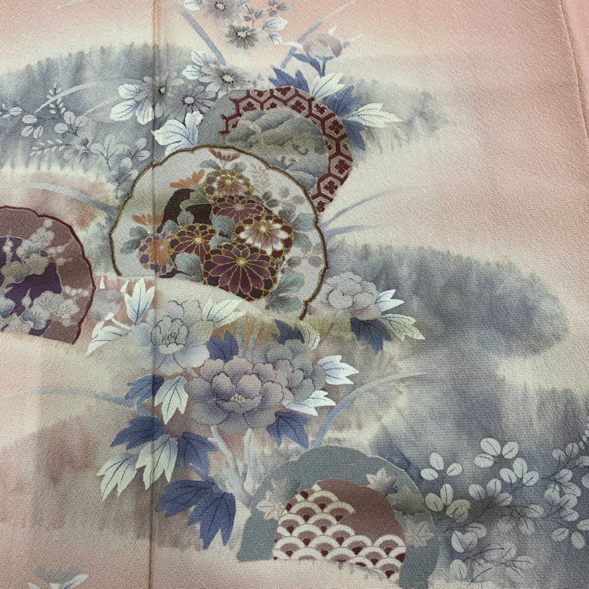 訪問服 身長159cm 袖長63.5cm S 雙層 鏡裏文 草花紋紋 鮭粉色 純蠶絲 秀品級 一つ紋