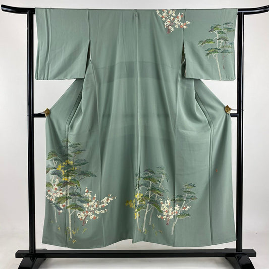 訪問服 身長151.5cm 袖長62.5cm S 雙層 落款有 松樹竹子梅花 漸層 灰綠 純蠶絲 優品級 一個紋