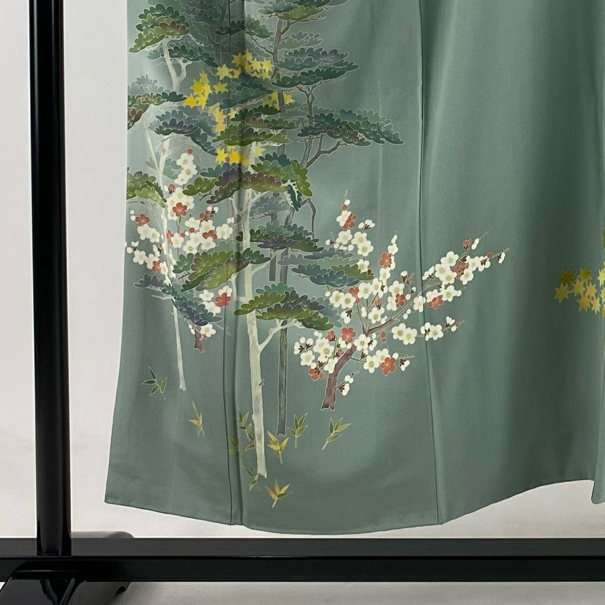 訪問服 身長151.5cm 袖長62.5cm S 雙層 落款有 松樹竹子梅花 漸層 灰綠 純蠶絲 優品級 一個紋