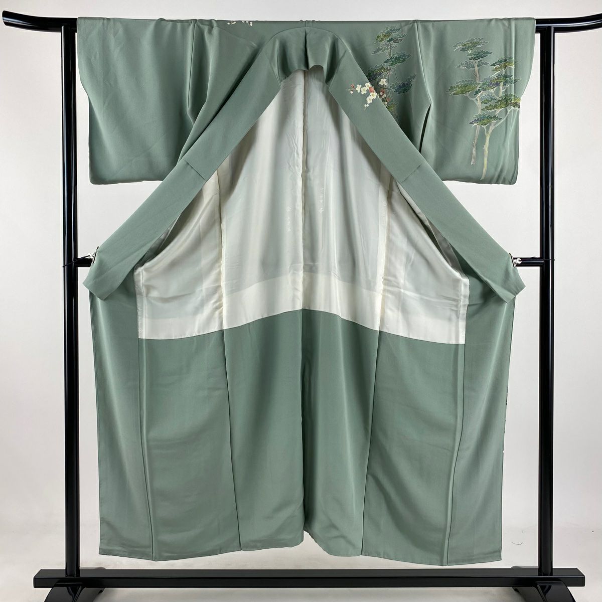 訪問服 身長151.5cm 袖長62.5cm S 雙層 落款有 松樹竹子梅花 漸層 灰綠 純蠶絲 優品級 一個紋