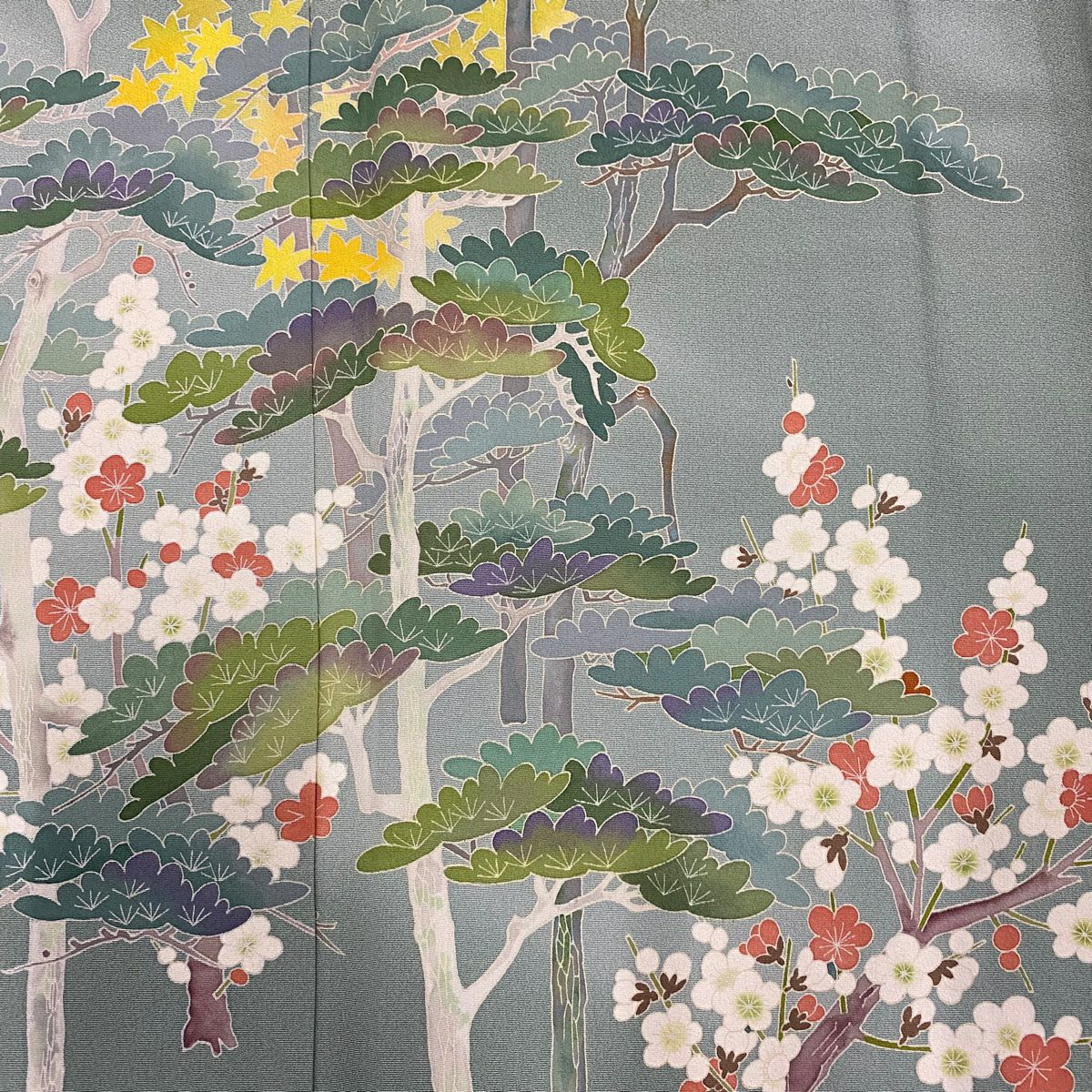 訪問服 身長151.5cm 袖長62.5cm S 雙層 落款有 松樹竹子梅花 漸層 灰綠 純蠶絲 優品級 一個紋
