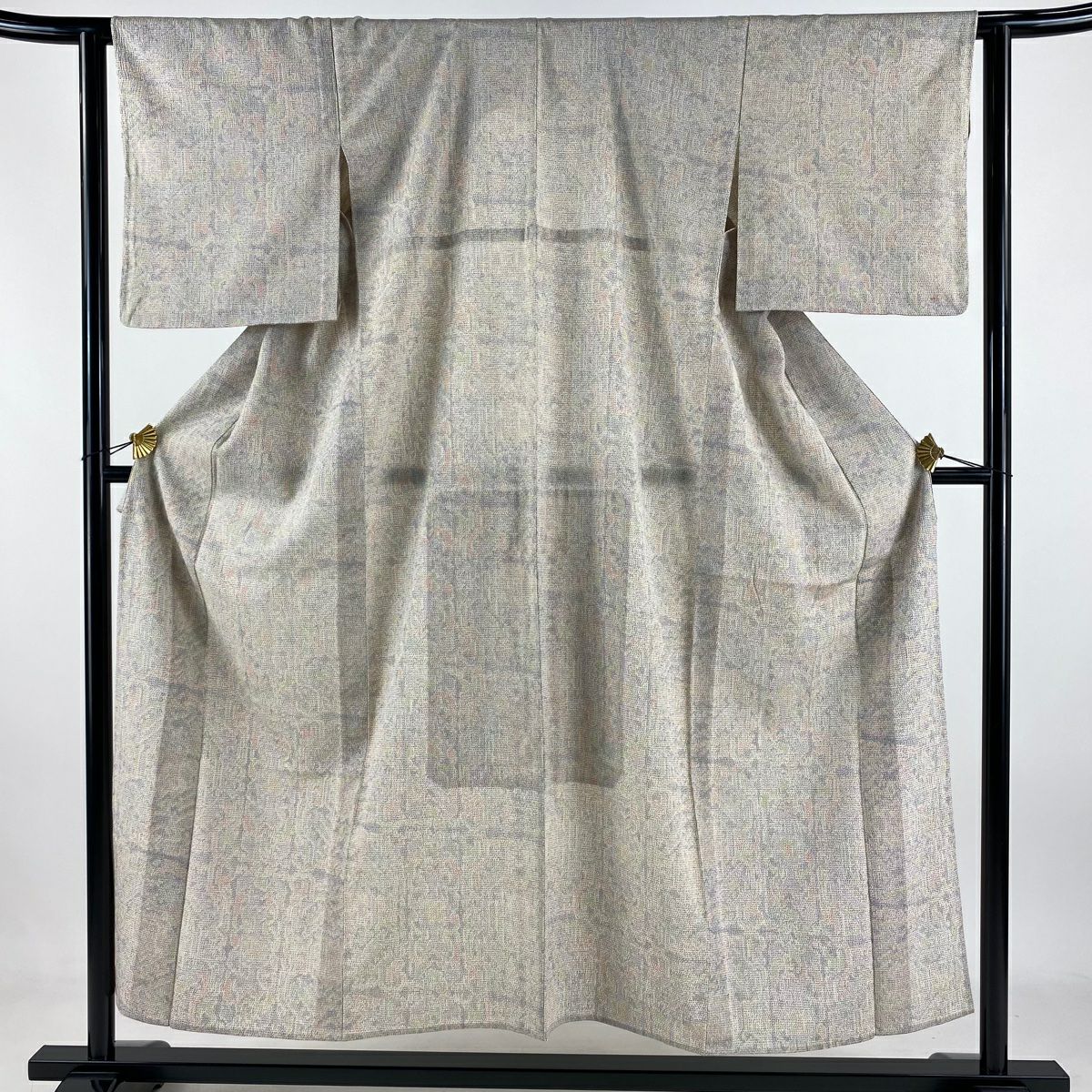 【美品】 紬織 身長153cm 袖長62.5cm S 單層 草花紋紋 奶油色 純蠶絲 優品級