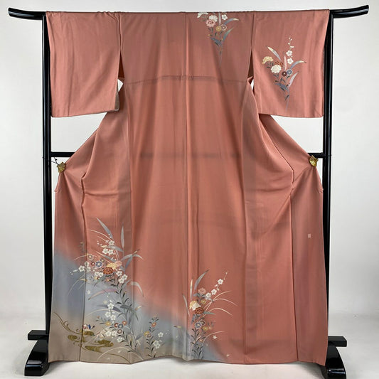 【美品】訪問服 身長168cm 袖長65cm M 雙層 落款あり 鴛鴦 草花紋紋 金銀彩 漸層 粉米色 純蠶絲 秀品級