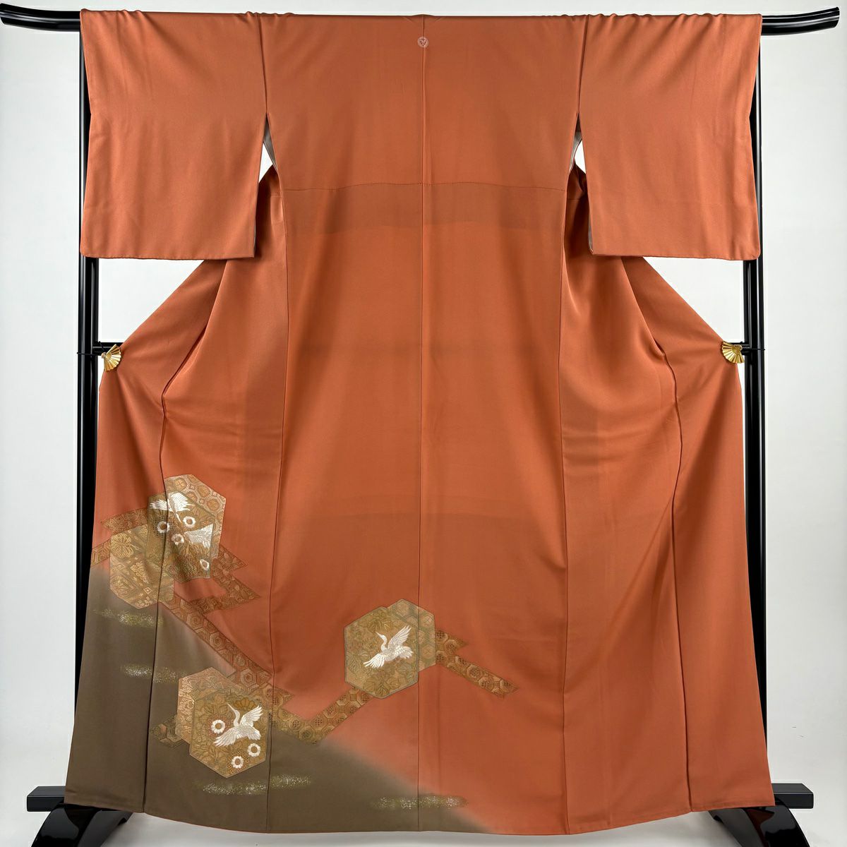 【美品】 付下 身長162cm 袖長67cm M 雙層 龜甲 花鳥 刺繡 金銀彩 橙色 純蠶絲 秀品級 一つ紋