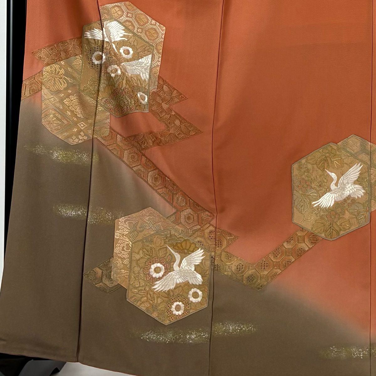 【美品】 付下 身長162cm 袖長67cm M 雙層 龜甲 花鳥 刺繡 金銀彩 橙色 純蠶絲 秀品級 一つ紋