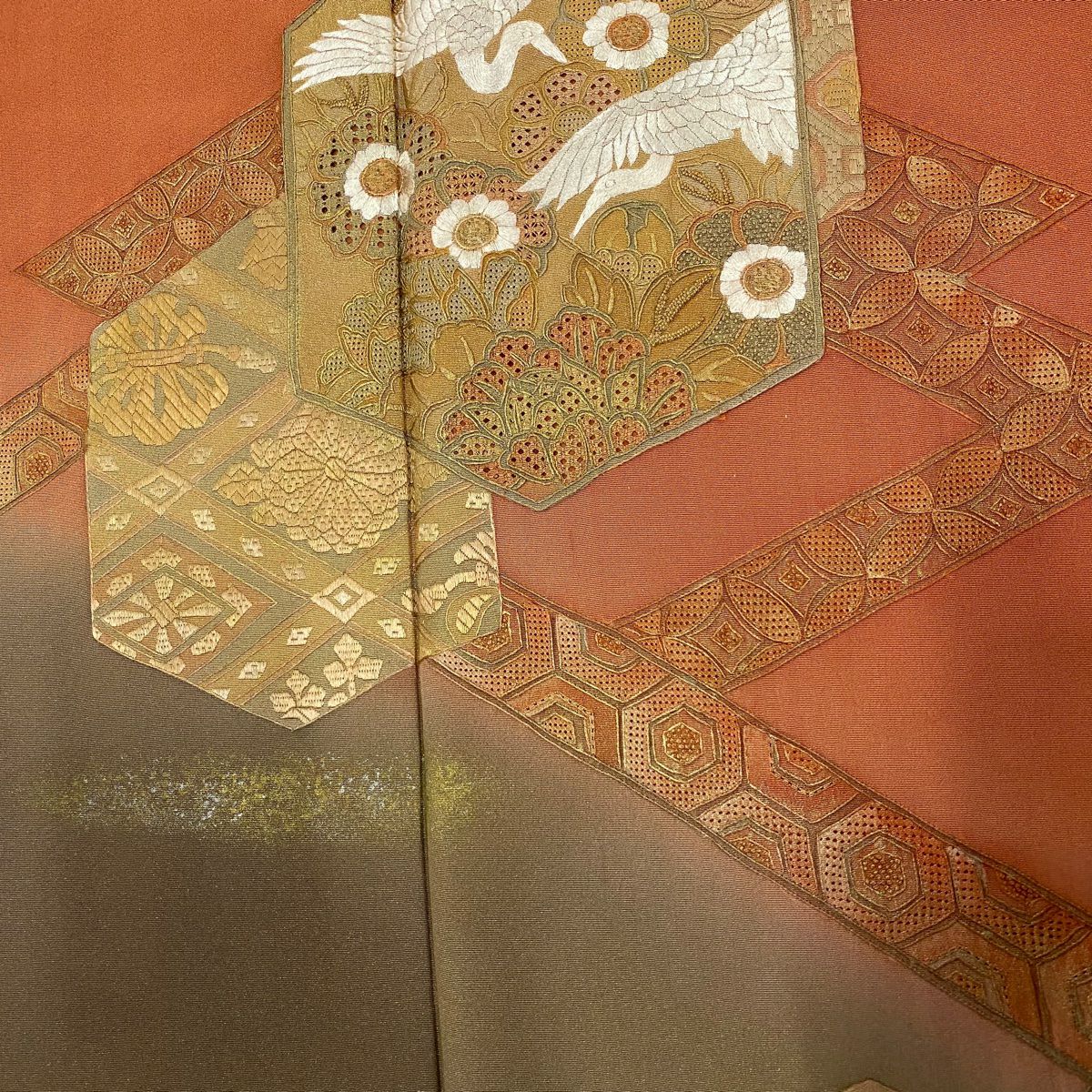 【美品】 付下 身長162cm 袖長67cm M 雙層 龜甲 花鳥 刺繡 金銀彩 橙色 純蠶絲 秀品級 一つ紋