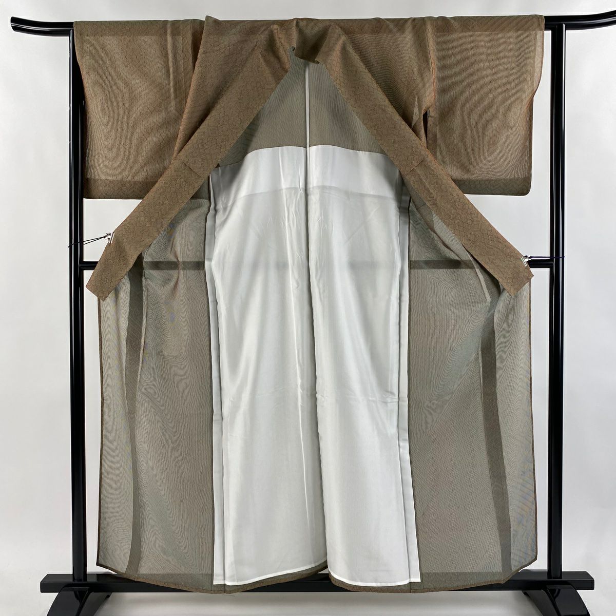 【美品】 小紋 身長157.5cm 袖長64cm M 薄物 幾何學 灰綠 純蠶絲 名品級