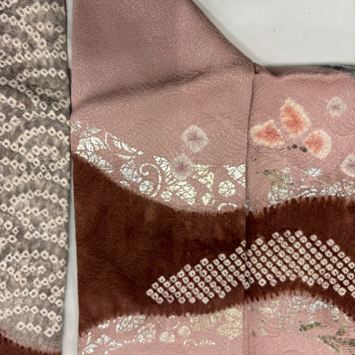 【庫存清倉】訪問服 身長163.5cm 袖長67.5cm L 雙層 辻花染 道長取 金銀彩 絞染 粉米色 純蠶絲 名品級 一つ紋