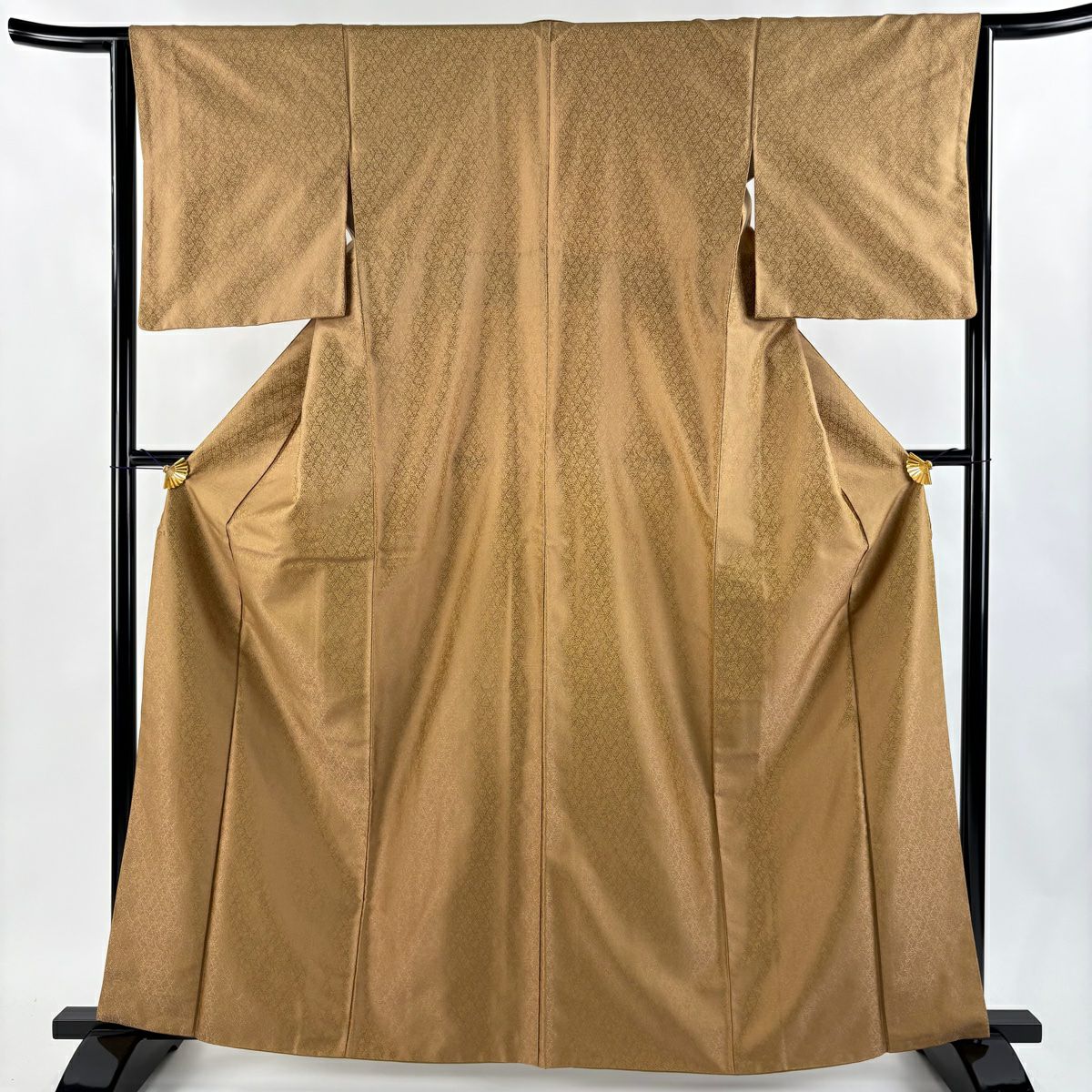 【美品】 小紋 身長162.5cm 袖長64cm M 雙層 菱 草花紋 山吹茶 純蠶絲 名品級