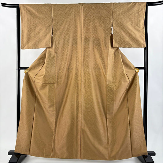 【美品】 小紋 身長162.5cm 袖長64cm M 雙層 菱 草花紋 山吹茶 純蠶絲 名品級