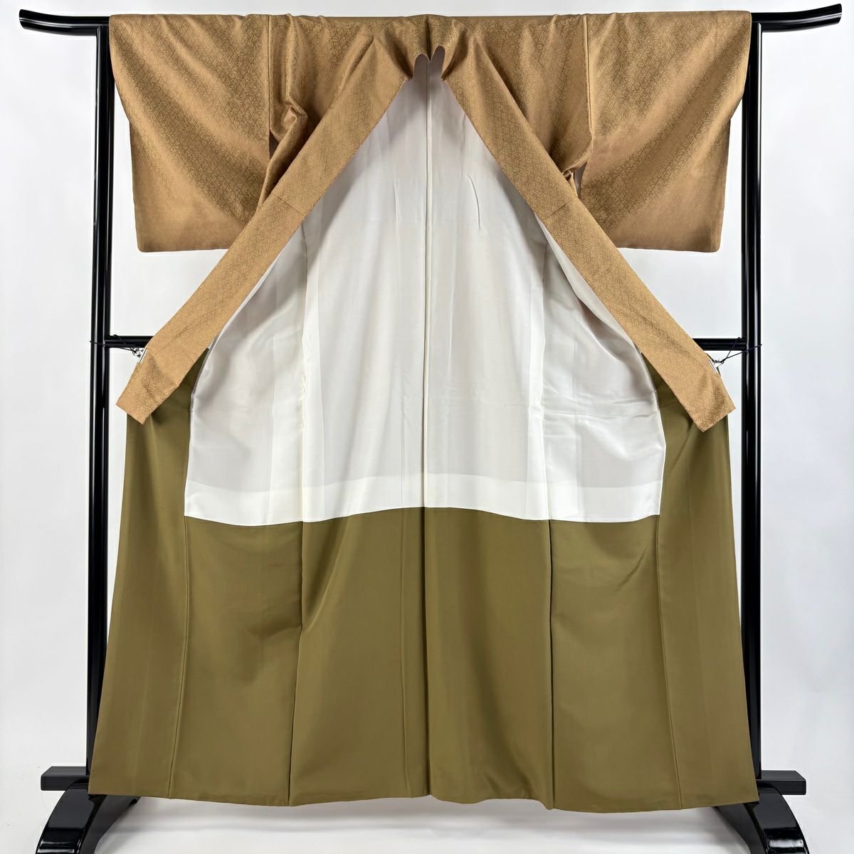 【美品】 小紋 身長162.5cm 袖長64cm M 雙層 菱 草花紋 山吹茶 純蠶絲 名品級