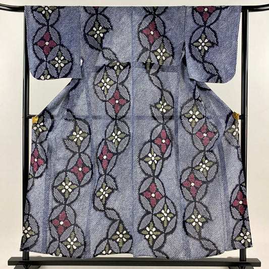 【美品】 浴衣 身長155cm 袖長64cm M 絞染浴衣 七寶紋 花菱 深藍 棉 名品級