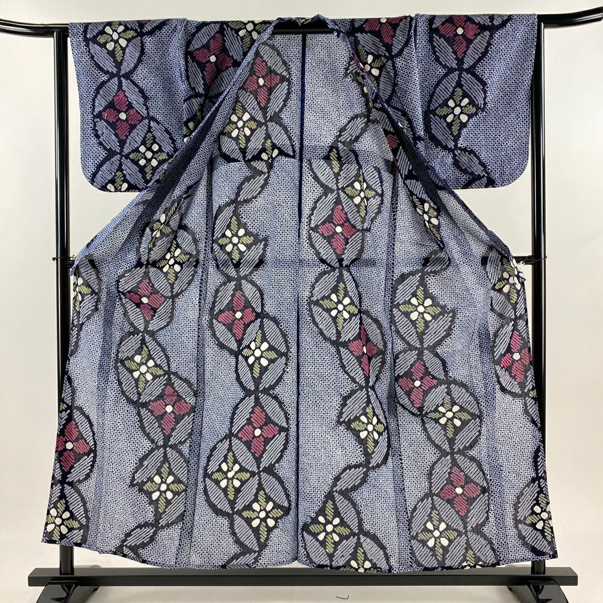 【美品】 浴衣 身長155cm 袖長64cm M 絞染浴衣 七寶紋 花菱 深藍 棉 名品級