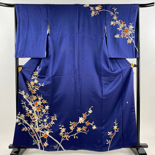 訪問服 身長163cm 袖長65.5cm M 雙層 吾妻德穗 落款あり 橘 疋田紋 金絲 金銀彩 深藍 純蠶絲 名品級