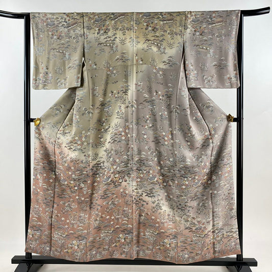 【美品】訪問服 身長156.5cm 袖長65cm M 雙層 松樹竹子梅花 建物 染分 ぼかし 灰茶 純蠶絲 名品級