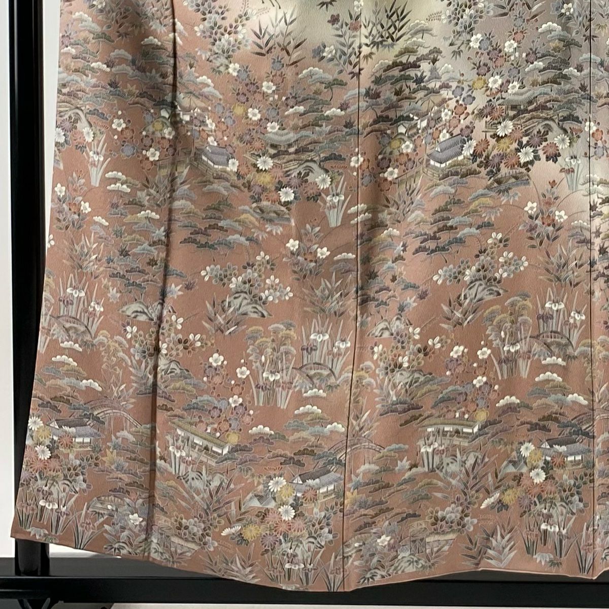 【美品】訪問服 身長156.5cm 袖長65cm M 雙層 松樹竹子梅花 建物 染分 ぼかし 灰茶 純蠶絲 名品級