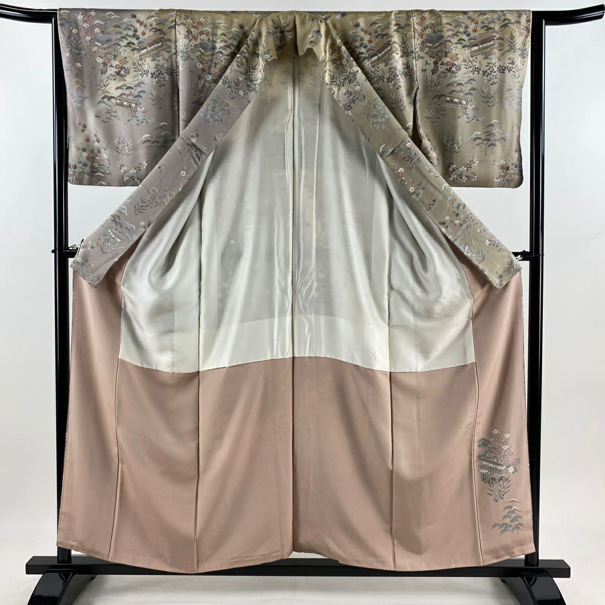 【美品】訪問服 身長156.5cm 袖長65cm M 雙層 松樹竹子梅花 建物 染分 ぼかし 灰茶 純蠶絲 名品級