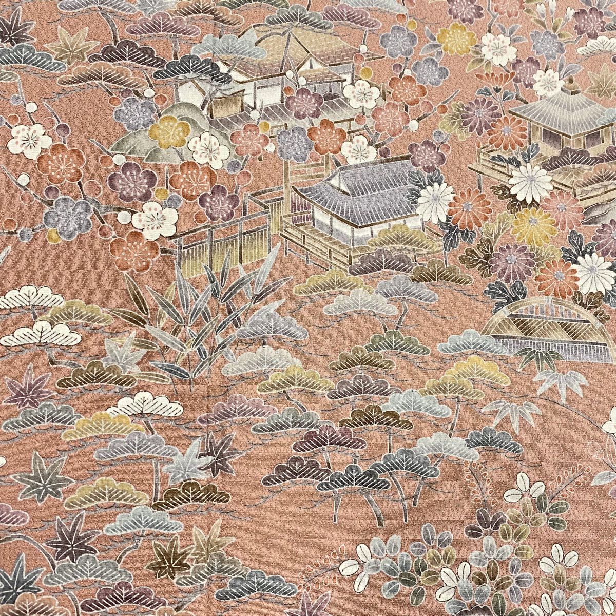 【美品】訪問服 身長156.5cm 袖長65cm M 雙層 松樹竹子梅花 建物 染分 ぼかし 灰茶 純蠶絲 名品級